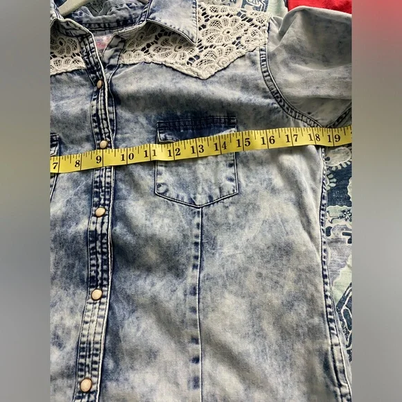 ❤️😍Panhandle Acid Wash Blue Tye Dye White Laced Collard Blue Jean Button Down - Picture 7 of 11